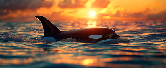 An orca swimming under the majestic sunset view. Golden hour over the ocean. 