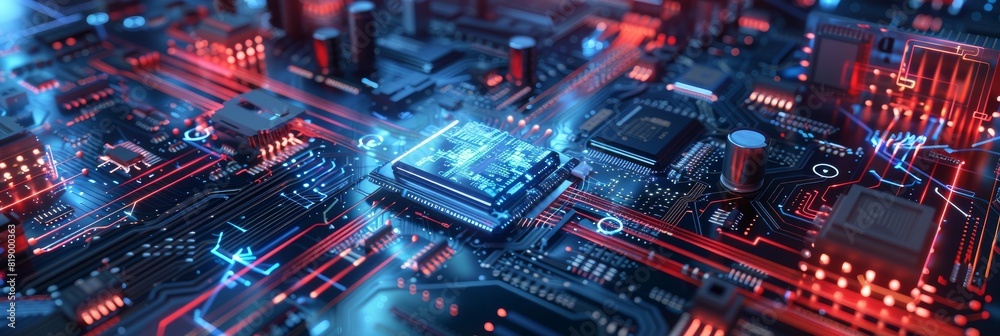 Poster A high tech microchip CPU or GPU manufacturing concept, a closeup of motherboard circuits with hologram information for a futuristic AI hardware manufacturing concept, shown as a wide banner image