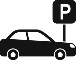 Simple icon depicting a sedan car parked beside a parking area sign, in a flat design style