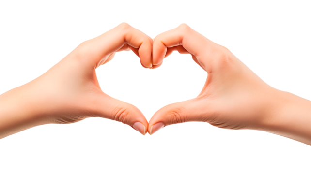 Woman's hands making a heart shaped gesture isolated on transparent background. Symbol of affection. Romantic gesture. Love sign with hands.