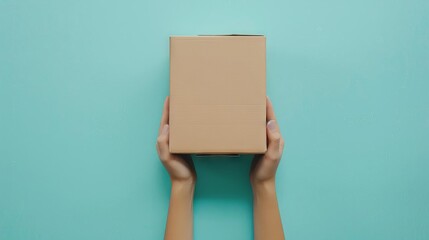overhead view of female hand holding brown cardboard box on light blue background