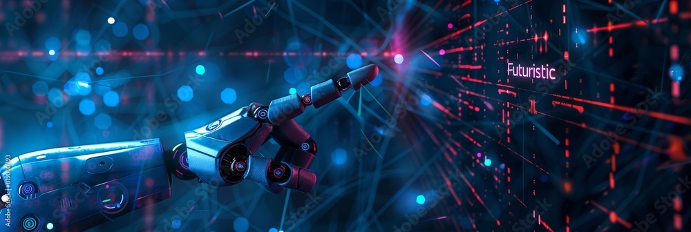 Aufkleber Robot finger pointing with information datum and connection hologram for futuristic robotic artificial intelligence productivity and automation efficiency as wide banner with copy space