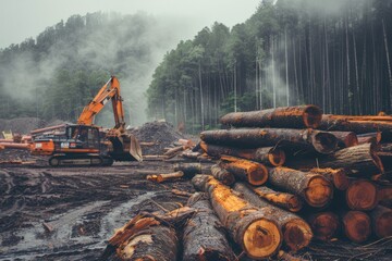 A forest logging scene with heavy machinery handling cut trees on a misty day, surrounded by tall trees in the background.