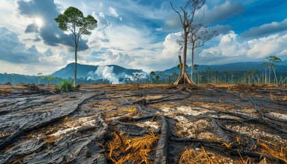 Obraz premium Devastated landscape showing deforested area with charred ground and uprooted trees, with mountains and sky in the background.