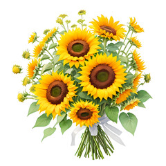 Obraz premium Lush sunflower bouquet illustration isolated on white. Perfect for floral designs, seasonal greetings, and decoration projects, this vibrant and detailed depiction of sunflowers brings a touch of suns