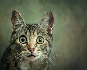 Obraz premium Close-up of a surprised tabby cat with green eyes, featuring a blurred background, capturing a moment of wide-eyed curiosity and expression.
