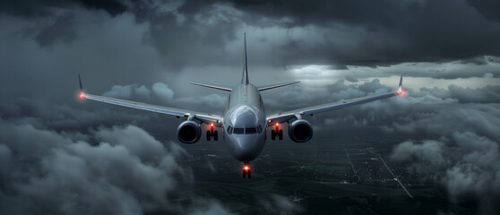A commercial aircraft is not afraid of the weather, its wings are illuminated by flashes of lightning against a dark stormy sky.