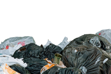 Garbage bag dump on a transparent background. Trash bags. Disposable plastic bags. Waste managment. Environmental issues, pollution. Environmental protection