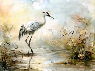 Obraz premium Graceful crane standing in a serene pond at dusk, richly detailed in watercolor