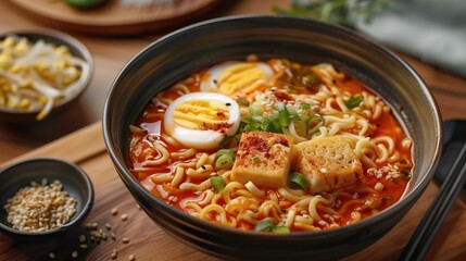 Photo korean instant noodles with korean rice cake and fish cake and boiled egg - 