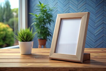 Desk with Picture Frame and Green Plants by Window
