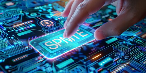 Futuristic illustration of a hand pressing 'SPYWARE' on a digital interface, highlighting cybersecurity threats and digital safety concerns.