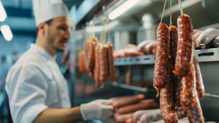 copy space, stockphoto, male butcher with many raw sausages hanging on hook in a refrigerated room. Consumation of meat. Fresh raw meat at the butcher. Preparation of sausage.