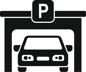 Black and white icon of a car under a parking sign, representing a parking garage or lot