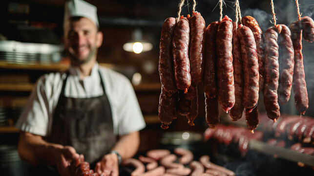 copy space, stockphoto, male butcher with many raw sausages hanging on hook in a refrigerated room. Consumation of meat. Fresh raw meat at the butcher. Preparation of sausage.