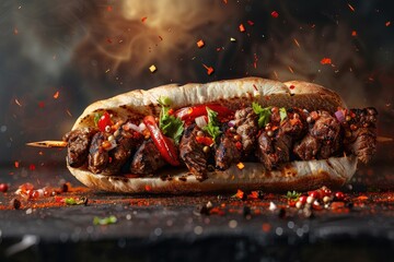 fresh grilled beef turkish or chicken arabic shawarma doner sandwich with flying ingredients and...