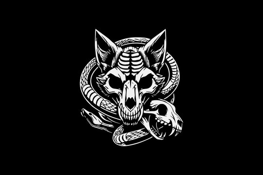 Monster skeleton fox with snake vector design template black and white