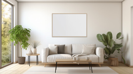 Minimalist living room with a cozy white sofa and houseplants
