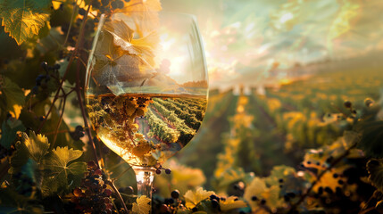 Obraz premium Glass of white wine in scenic vineyard at sunset.