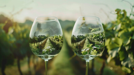 Obraz premium Two wine glasses set against a vineyard.
