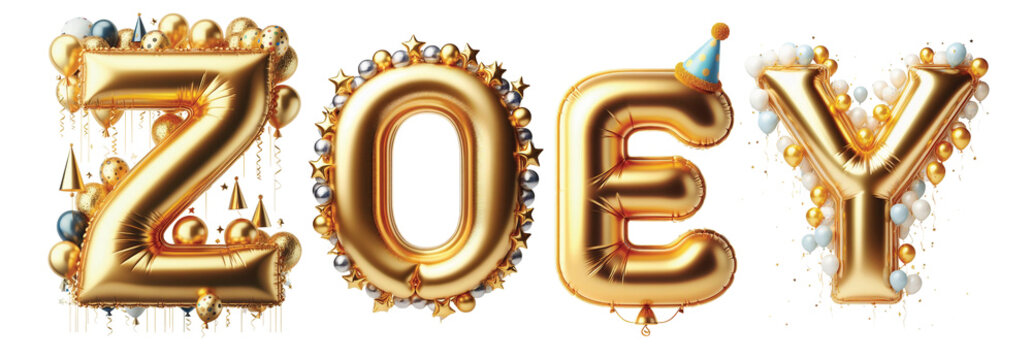 ZOEY Letters - Golden Balloon, 3D - Isolated on Transparent or White Background PNG - Best for Birthday Illustration Design	