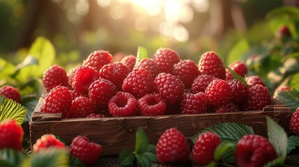 Country Charm: An Outdoor Photo of Raspberries Nestled Inside a Basket on a Wooden Table