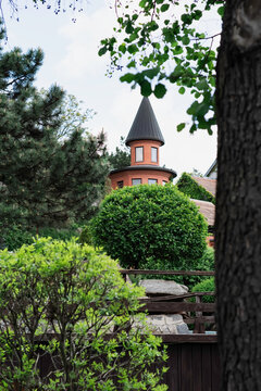 Buka temple complex, landscape park. Buki village. Ukraine. Stone house in the garden