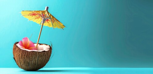 Tropical cocktail umbrella in coconut on high glossy blue background with copy space, summer concept. coconut with umbrella summer banner concept