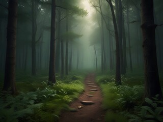 Fototapeta premium A peaceful pathway in the woods, dappled with soft light filtering through the trees