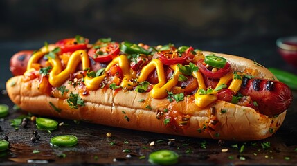 Elevated hot dog with steam dark background colorful peppers cinematic lighting dramatic effect