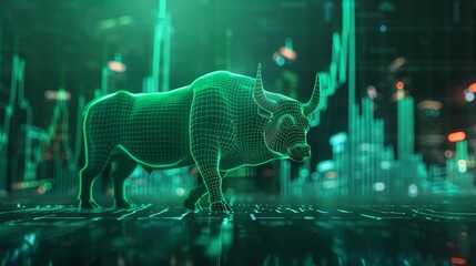 Stock market bull market trading up green graph, in an economic boom theme, highlighting success, with a futuristic tone, and a complementary color scheme