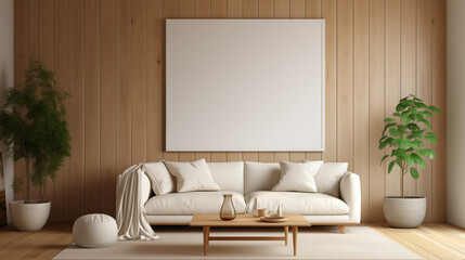 Minimalist Living Room with White Sofa and Wooden Paneling