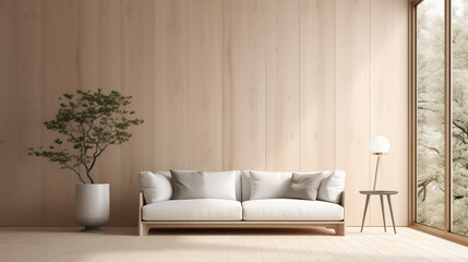 Bright Living Room with White Sofa and Wooden Wall