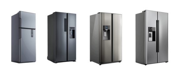 Four modern, stainless steel refrigerators with various designs and features are showcased in a showroom setting on a white background