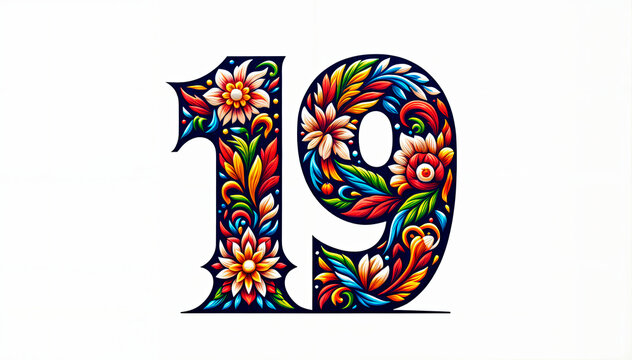 number 19 with floral patterns on a white background. Concept: celebration, anniversary, birthday. Suitable for event organizers, greeting cards, and marketing campaigns. Includes space for text.