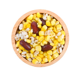 Mixed Grains Corn, Millet and Red Beans in wooden bowl on transparent png top view