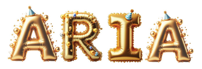 ARIA Letters - Golden Balloon, 3D - Isolated on Transparent or White Background PNG - Best for Birthday Illustration Design	