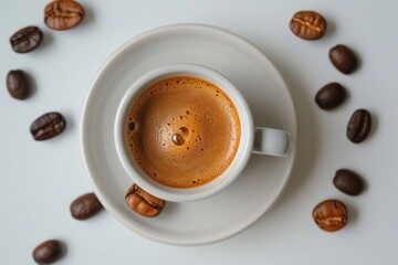 hot espresso and coffee bean on white table with soft-focus and over light in the background. top view