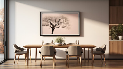 Fototapeta premium Cozy Dining Room with Tree Art and Warm Decor