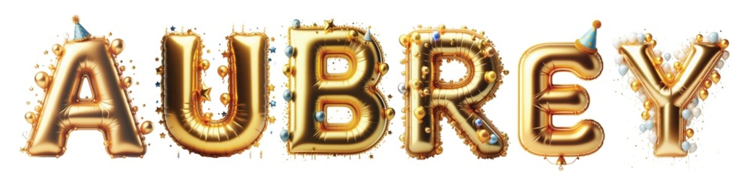 AUBREY Letters - Golden Balloon, 3D - Isolated on Transparent or White Background PNG - Best for Birthday Illustration Design	
