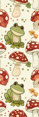 Seamless Cottage Core Style Pattern of a Cute Frog Sitting on a Mushroom