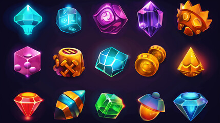 Set of slot game icons on dark background, Illustration
