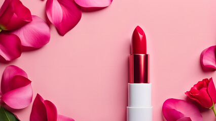 Obraz na płótnie Canvas a lipstick with a red lip and pink flowers