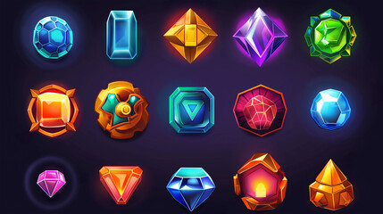 Set of slot game icons on dark background, Illustration