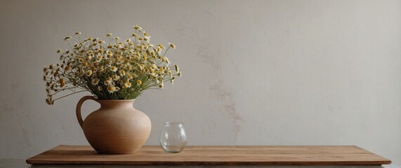 wooden table with beige clay vase with bouquet of flowers plant in a vase