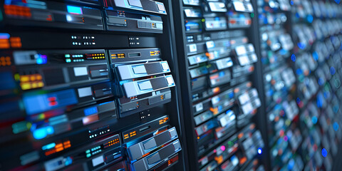 Inside a data center showcasing rows of servers and network connections Concept Data Center Server Rows Network Connections Technology Infrastructure.

