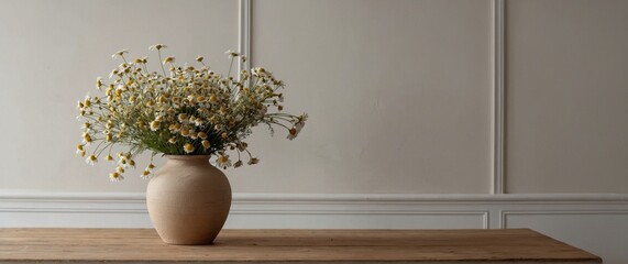 wooden table with beige clay vase with bouquet of flowers plant in a vase