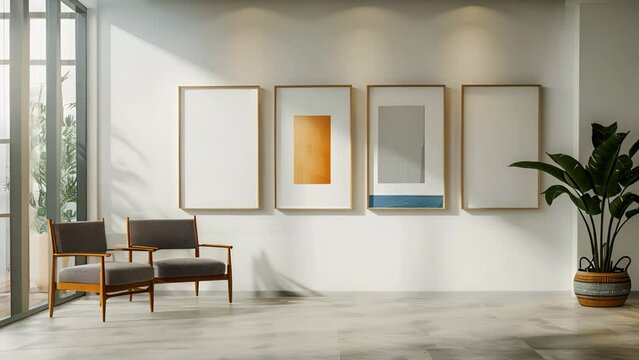 Art gallery wall with framed poster mock-ups in a modern setting