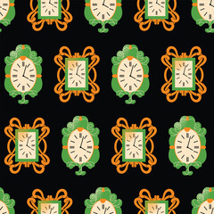 Obraz premium Seamless pattern with watches. Cartoon analog and modern timepieces. Digital interior chronometers. Retro alarm clock bright colors, modern design. Vector illustration isolated on background