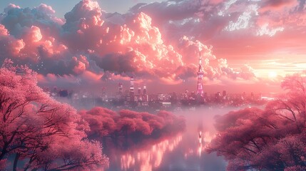 Enchanting Fairytale Landscape with Vibrant Sunset Reflection on Tranquil River and Blooming Cherry Blossoms